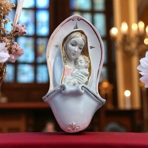 Vintage Holy Water porcelain Madonna and Child - White  Blue Gold Italy 1975